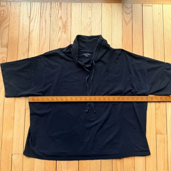 Eileen Fisher Black Short Sleeve Top with Drawstring Collar - Picture 3 of 4